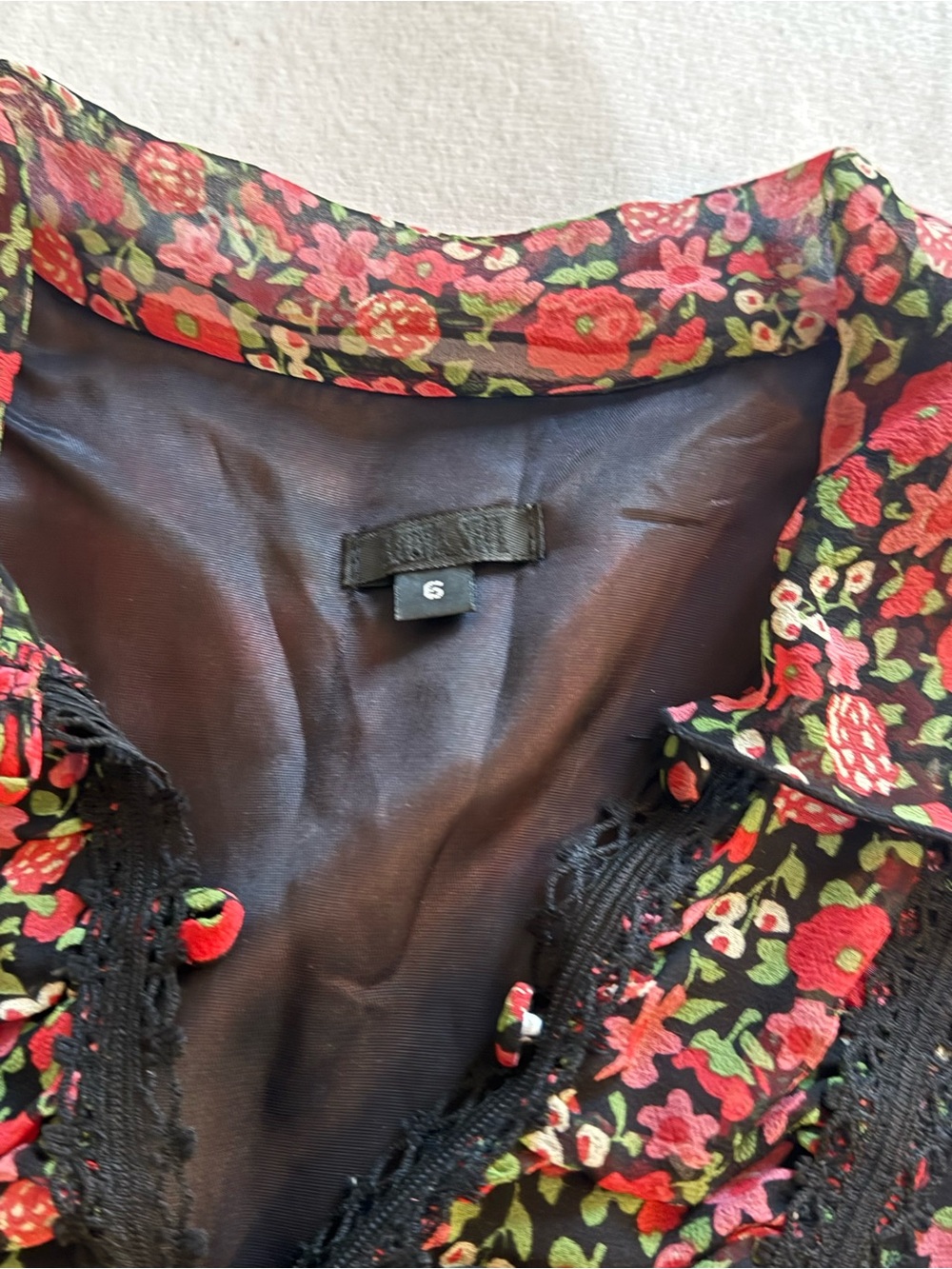 Anna Sui Black Floral Ruffled Cap-Sleeve Top with Pink, Red, and Green Flowers - Picture 2 of 3